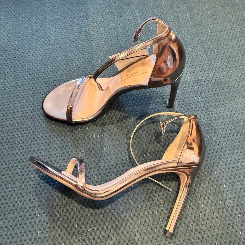 Stuart Weitzman Nudistsong Pewter Bronze Ankle Strap 4 Inch Sandal Heels 6 - Picture 10 of 11